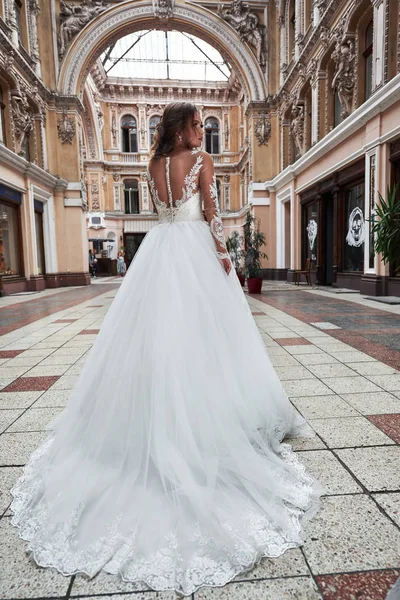 Beautiful Elegant Bride Perfect Wedding Dress Poses Beautiful Architecture — 스톡 사진