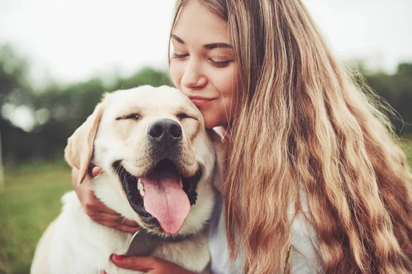 Ram Med Vacker Flicka Med Vacker Hund Park Grönt Gräs — Stockfoto