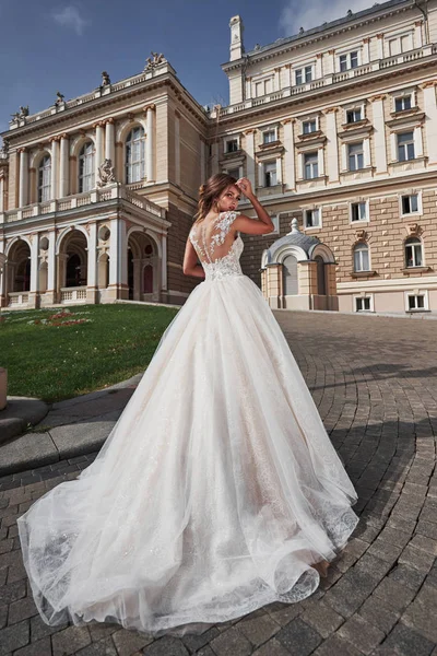 Mooie Elegante Bruid Met Een Perfecte Trouwjurk Poseert Rond Prachtige — Stockfoto