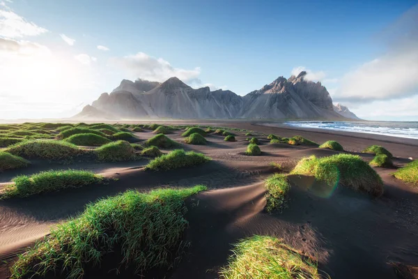 Fantastic West Mountains Volcanic Lava Sand Dunes Beach Stokksness Iceland — Stock Photo, Image