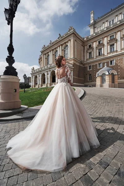 Beautiful, elegant bride with a perfect wedding dress, poses around beautiful architecture.