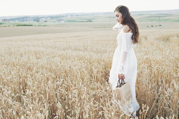 Hermosa Chica Campo Trigo Vestido Blanco Una Imagen Perfecta Estilo —  Fotos de Stock