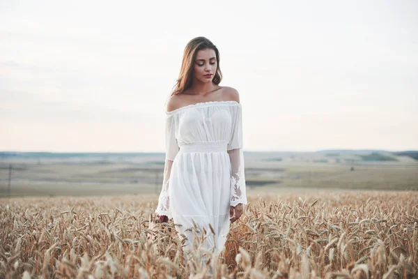 Güneşin Altındaki Buğday Tarlasında Mutlu Bir Genç Kız — Stok fotoğraf
