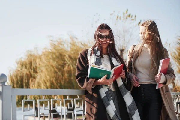 Duas Estudantes Sexo Feminino Têm Andar Parque Ponte Enquanto Segurando — Fotografia de Stock