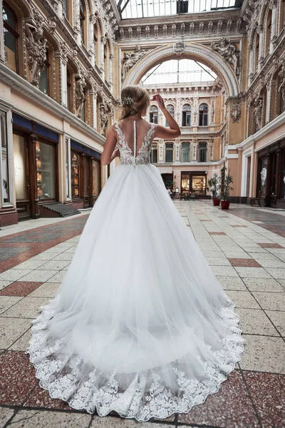 Beautiful, elegant bride with a perfect wedding dress, poses around beautiful architecture