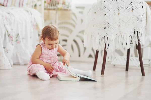 Beautiful Little Girl Read Book Her Favorite Bear Soft Plush — Stock Photo, Image