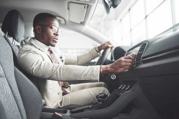 Stylish Black Businessman Sitting Wheel New Luxury Car Rich African — Stock Photo, Image