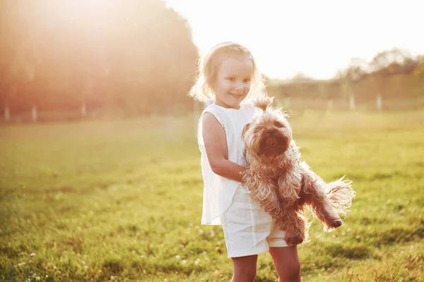Chica Feliz Con Perro Parque Atardecer — Foto de Stock