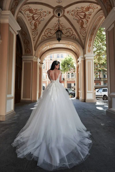Vacker Elegant Brud Med Perfekt Bröllopsklänning Poser Runt Vacker Arkitektur — Stockfoto