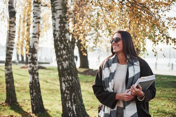 Qué Hermoso Día Joven Morena Sonriente Gafas Sol Para Parque — Foto de Stock