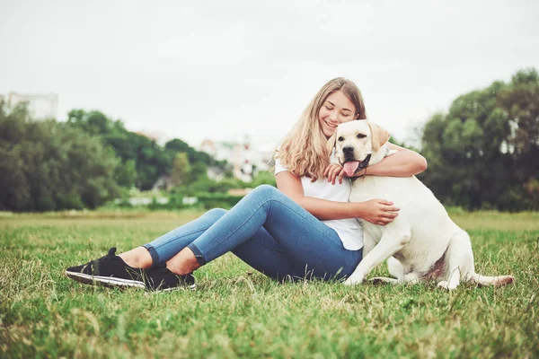 Jovem Atraente Com Labrador Livre Mulher Uma Grama Verde Com — Fotografia de Stock