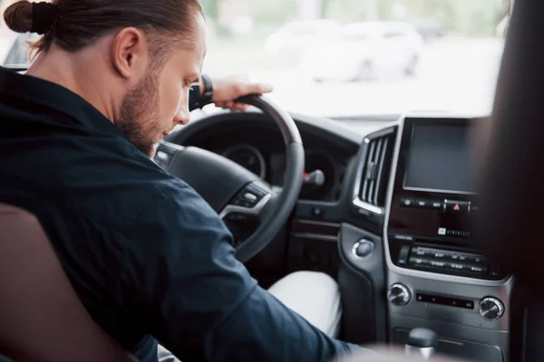 Confident Young Businessman Sitting Wheel His New Car — Stock Photo, Image