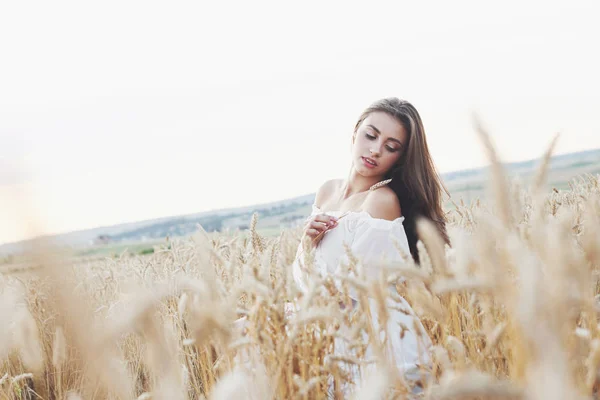 Beautiful Girl Field Wheat White Dress Perfect Picture Style Lifestyle — Stock Photo, Image