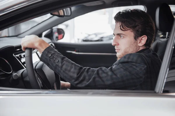 Ready Test Drive Portrait Handsome Businessman Driving Car — Stock Photo, Image