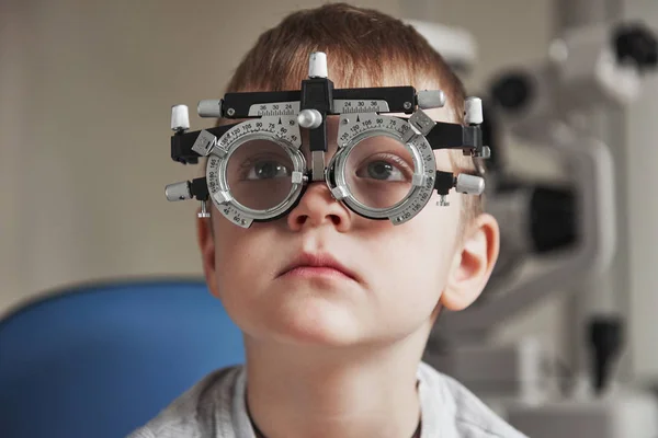 Close Portrait Child Special Glasses Watching Left — Stock Photo, Image