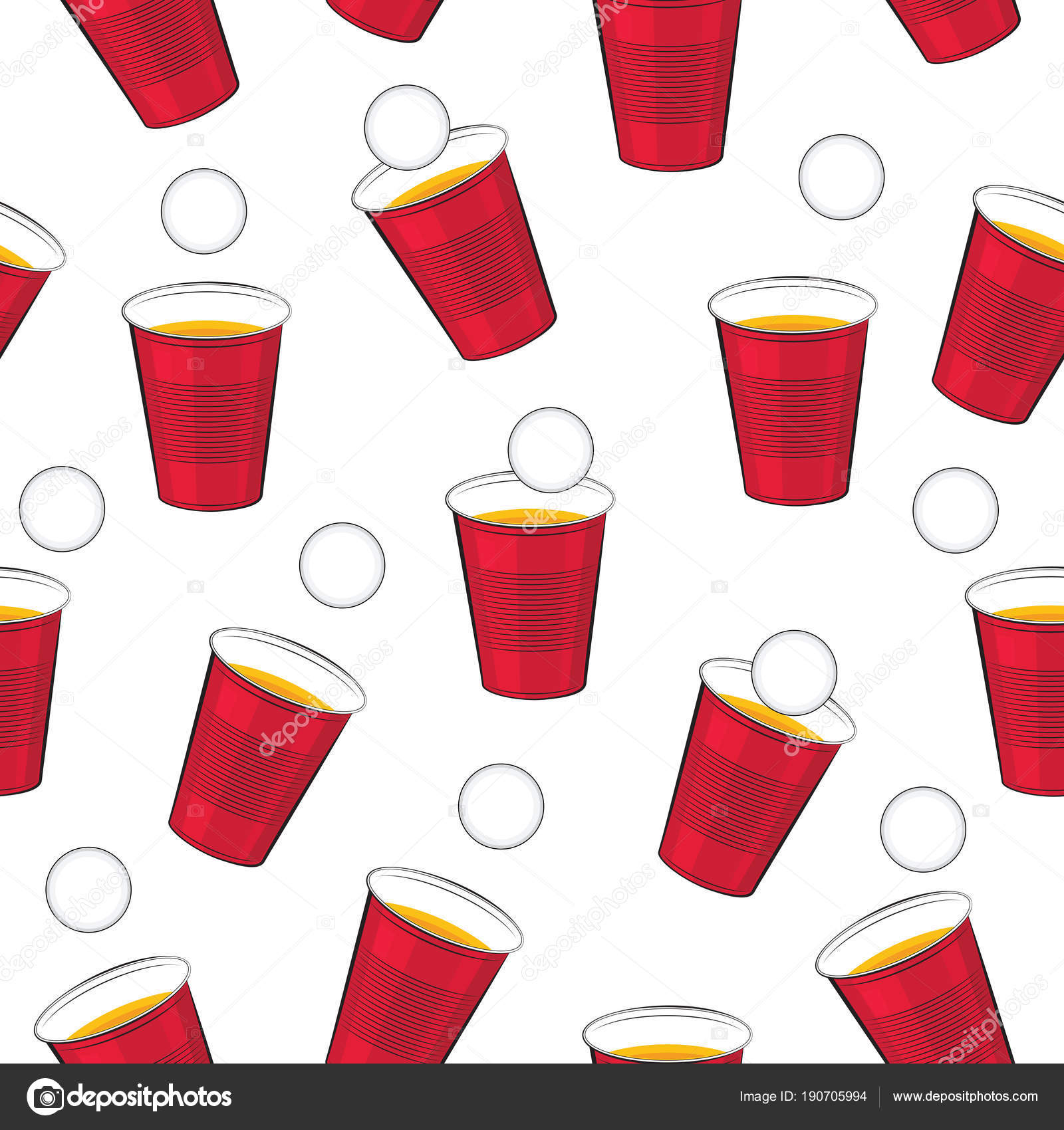 Beer pong vector pattern. Red plastic cups and ping pong ball