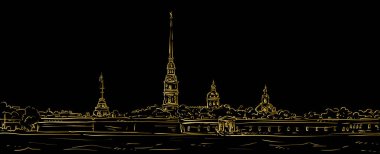 Peter ve Paul Fortress. Saint Petersburg, Rusya'nın sembolü. El vektör çizim çekilmiş. Altın anahat.
