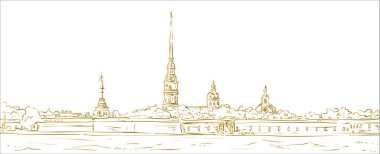 Peter ve Paul Fortress. Saint Petersburg, Rusya'nın sembolü. El vektör çizim çekilmiş. Altın anahat. İzole arka plan