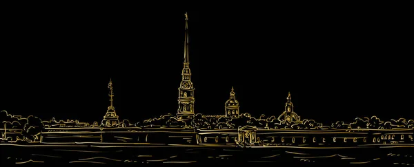 ピーターおよびポールの要塞 サンクトペテルブルク ロシア連邦のシンボルです 手には ベクター グラフィックが描画されます 金の概要 — ストックベクタ