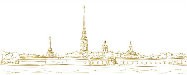 Peter and Paul Fortress. Symbol of Saint Petersburg, Russia. Hand drawn vector illustration. Gold outline. Isolated background