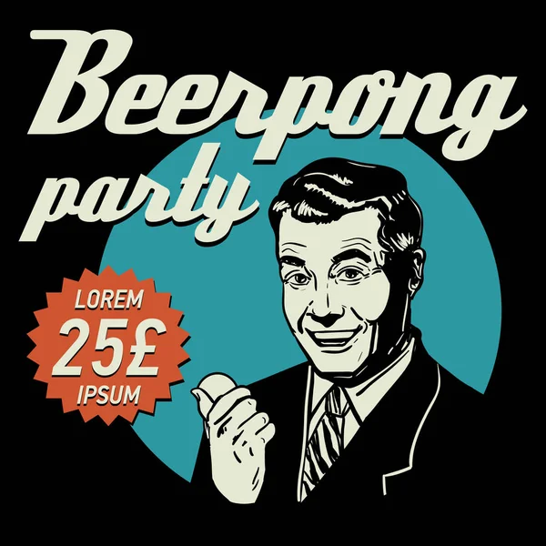 Beer pong strana vektorové plakát. Happy retro chlap drží tenisový — Stockový vektor