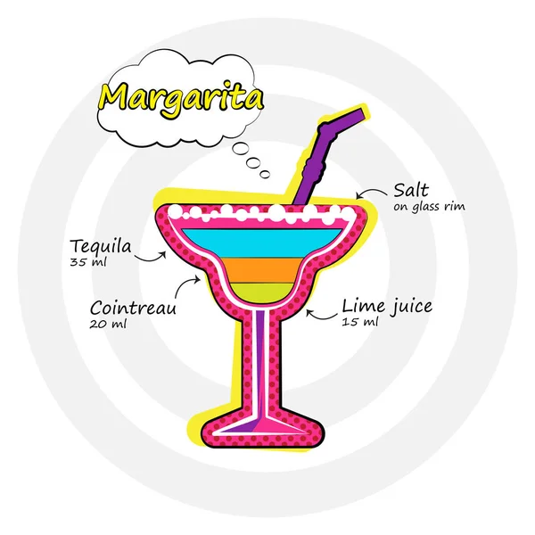 Receita de bebida de coquetel Margarita em estilo pop-art brilhante . — Vetor de Stock