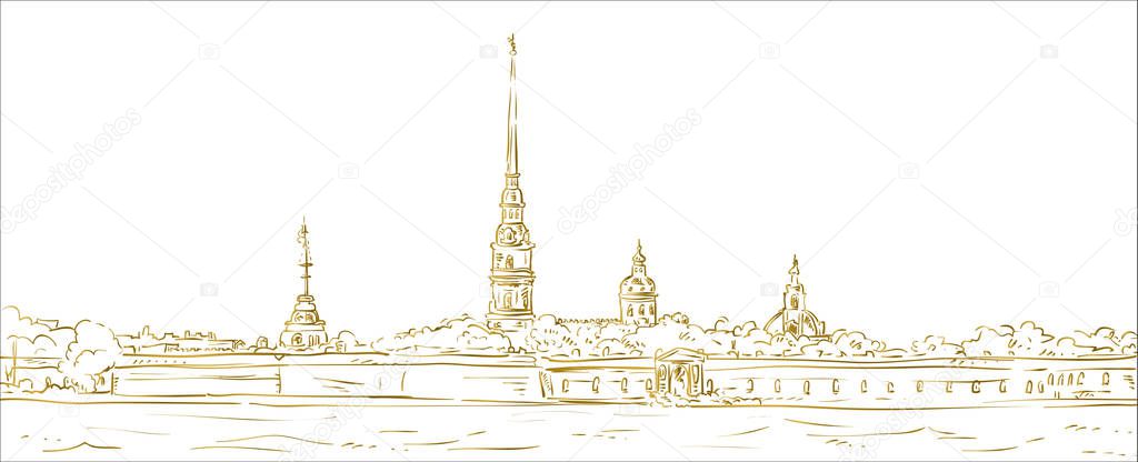 Peter and Paul Fortress. Symbol of Saint Petersburg, Russia. Hand drawn vector illustration. Gold outline. Isolated background
