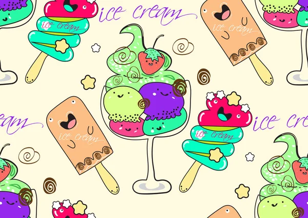 Seamless pattern with ice cream. Flat cartoon style. Vector illustration. Graphic for fabric. — Stock Vector