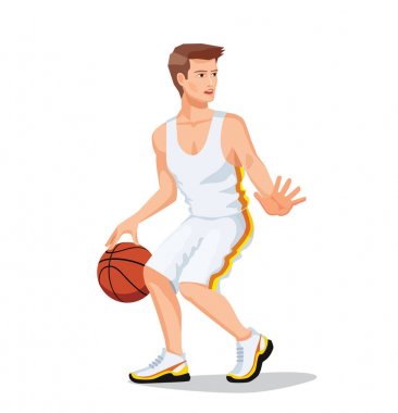 Basketbol oynarken beyaz bir gömlek ve beyaz şort giyen genç basketbolcu.