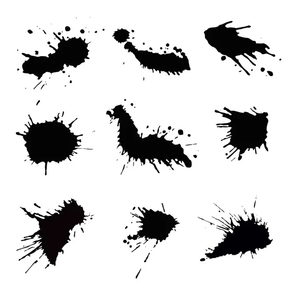 Siyah mürekkep damlaları ve su sıçramalarına, vektör çizim küçük resim kümesi — Stok Vektör
