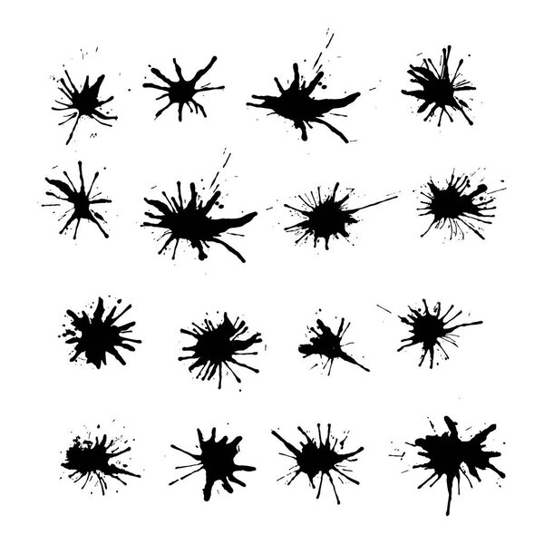 Набор черных капель чернил и брызг, векторная иллюстрация клипса

