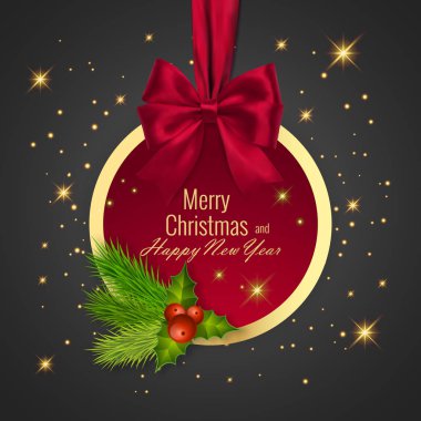 Noel top, tatil yuvarlak çerçeve. Kırmızı kurdele ve mutlu yeni yıl için yay ile banner
