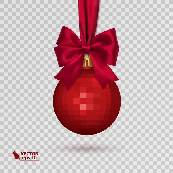 Bola de Natal realista com fita vermelha isolada em fundo transparente. Ilustração vetorial — Vetor de Stock