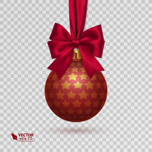 Bola de Natal realista com fita vermelha isolada em fundo transparente. Ilustração vetorial — Vetor de Stock