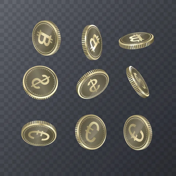Satz von Symbolen Münzen auf transparentem Hintergrund. Banknoten Dollar, Bitcoin, Euro im isometrischen 3D-Stil. Vektorillustration. — Stockvektor