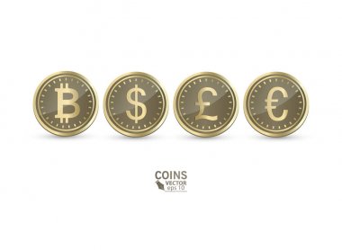 İzole beyaz arka plan üzerinde sikke simge kümesi. Banka notlar Doları, banknot euro, Sterlini. 3d stil para birimlerinde sembollerin. Vektör çizim.
