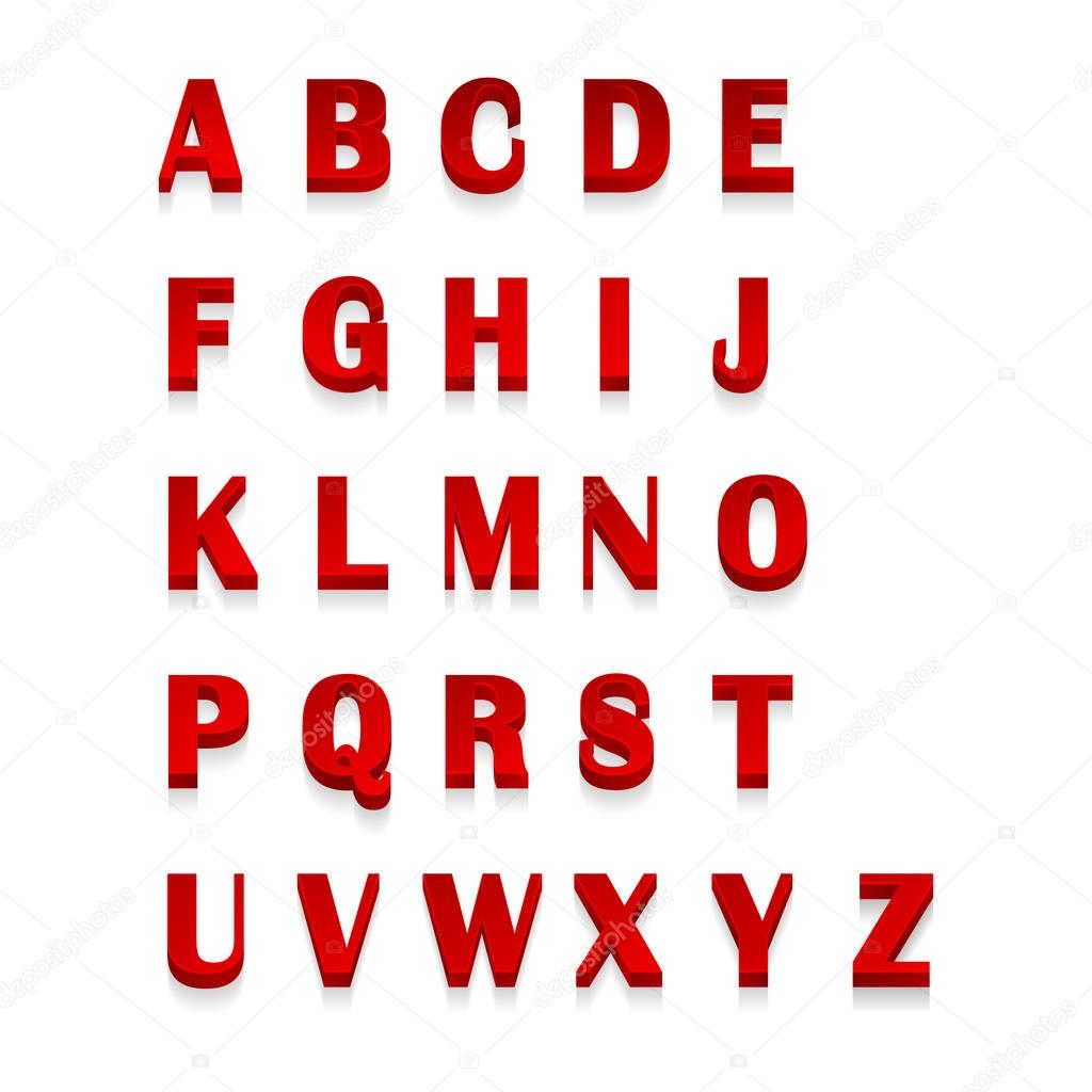 Red 3d letters alphabet, lettering. Design of red abc for typography, vector illustration
