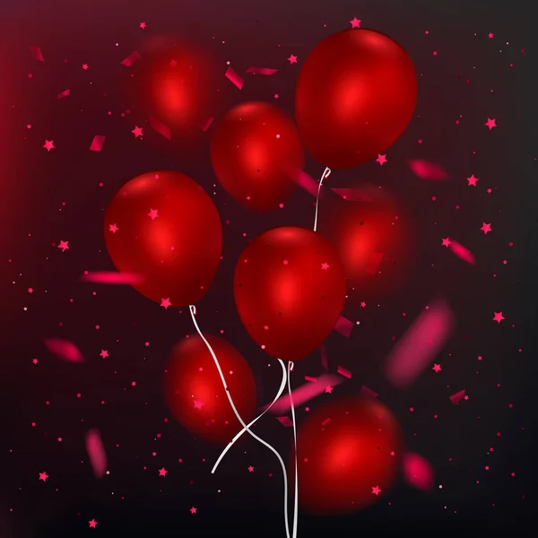 Realistische Hochglanzballons auf dunklem Hintergrund, roter Ballonstrauß. Dekorationselement für die Gestaltung von Urlaubseinladungen — Stockvektor