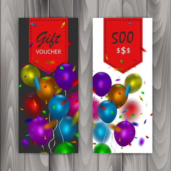 Conjunto de tarjetas de regalo. Plantilla con globos de colores. Ilustración vectorial — Vector de stock