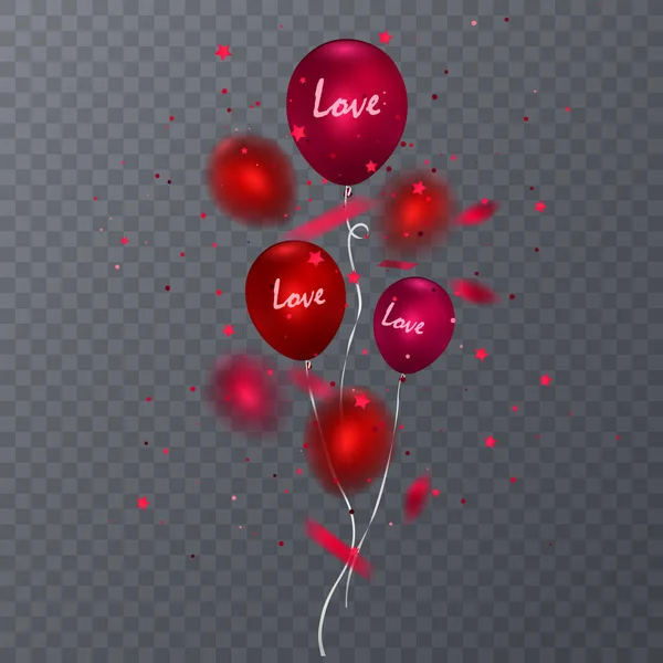 Balões brilhantes realistas no fundo escuro, grupo de balões vermelhos. Elemento de decoração para design de convite de evento de férias — Vetor de Stock