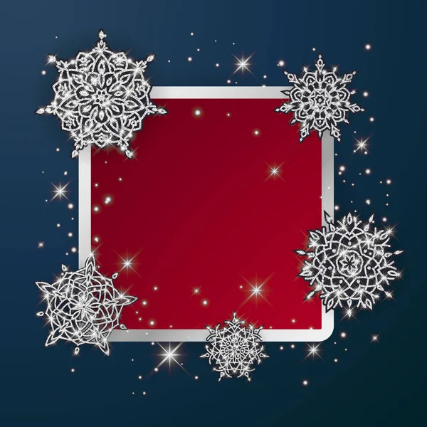 Weihnachtskarte mit glänzenden Schneeflocken. frohes neues Jahr Grußkarte, Vektorillustration — Stockvektor