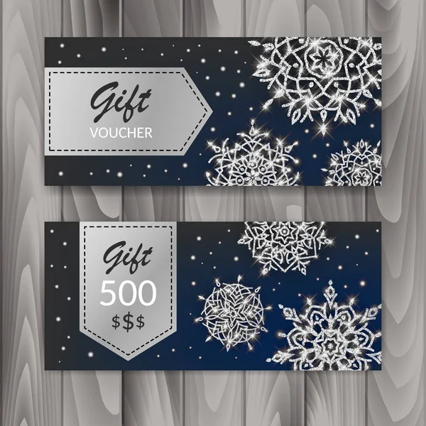 Conjunto de tarjetas de regalo de Navidad. Plantilla con copos de nieve brillantes. Ilustración vectorial — Vector de stock