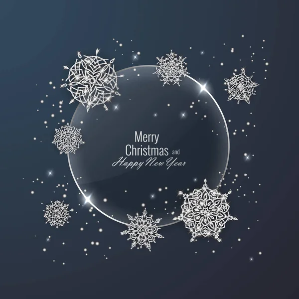 Kerstkaart versierd met glimmende sneeuwvlokken. Gelukkig Nieuwjaar wenskaart, vectorillustratie — Stockvector