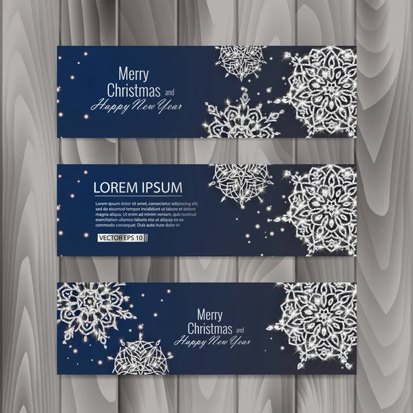 Conjunto de tarjetas de regalo de Navidad. Plantilla con copos de nieve brillantes. Ilustración vectorial Ilustraciones De Stock Sin Royalties Gratis