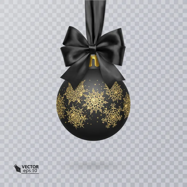 Schwarze, mit einer realistischen schwarzen Schleife und einem glänzenden, goldenen Ornament verzierte Weihnachtskugel. Vektorillustration — Stockvektor