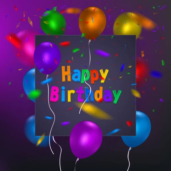 Plantilla de tarjeta de cumpleaños feliz con un fondo púrpura y globos de colores. Vector eps 10 formato . — Vector de stock