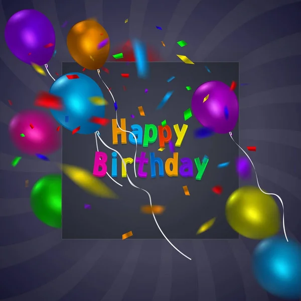 Шаблон листівки на день народження з фіолетовим фоном та різнокольоровими кульками. Векторний формат eps 10 . — стоковий вектор