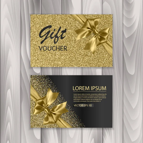 Uppsättning av glänsande presentkort med realistiska gyllene båge. Vector mall för presentkort — Stock vektor