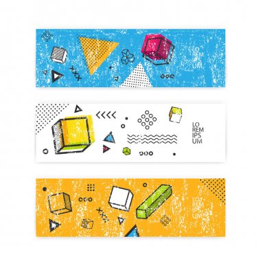 Yatay broşür küme. Renkli grafik elemanları ile geometrik arka plan pop sanat. Arka plan tasarım 3d öğeleri ile. Vektör eps 10