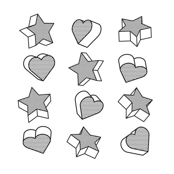 Conjunto de isométricos, corazones 3d y estrellas en estilo pop art, ilustración vectorial — Vector de stock